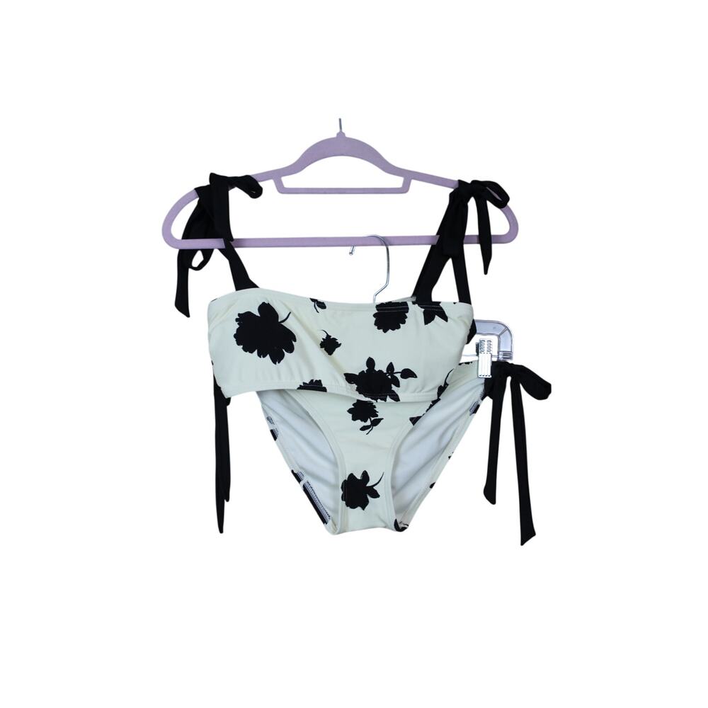 Kate Spade Ivory Black Floral Tie Shoulder Bikini Bathing Suit Size S